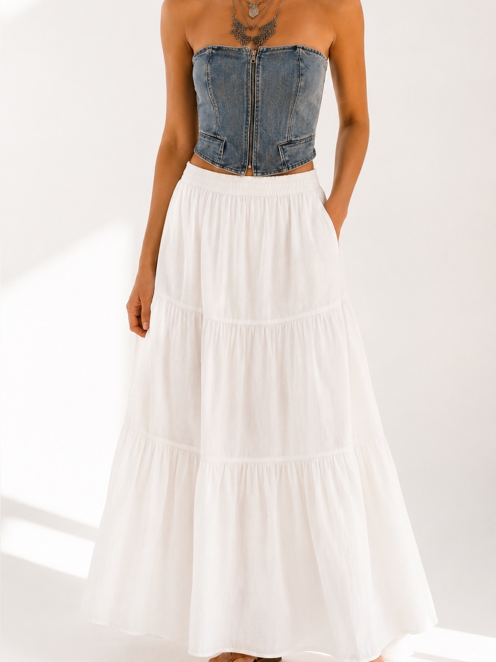 Light Wash Denim Strapless Corset Top - Picture 3 of 10